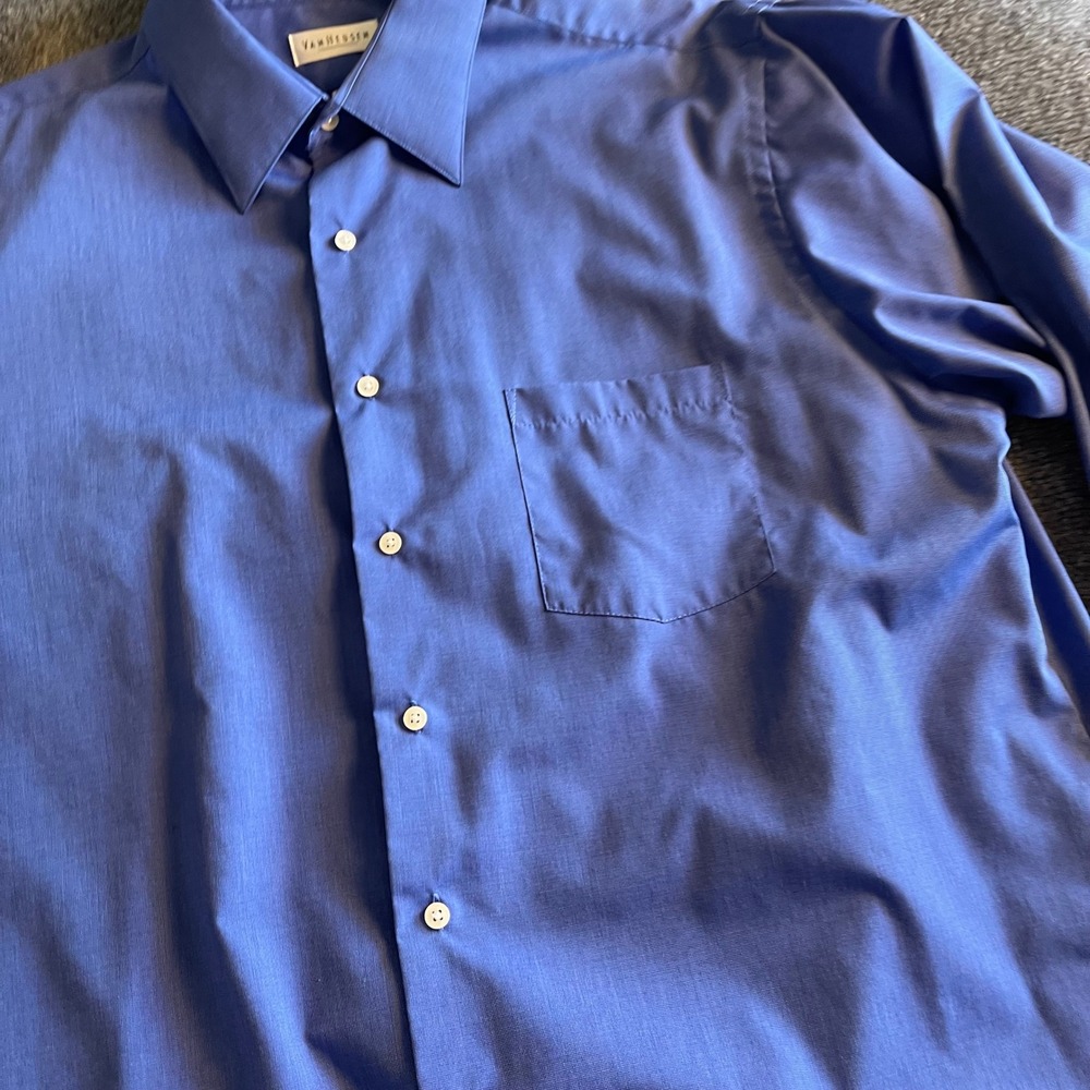 Van Heusen Mens Blue End On End Dress Shirt Wrinkle Free 17.5 36/37 Long Sleeve - Picture 2 of 6